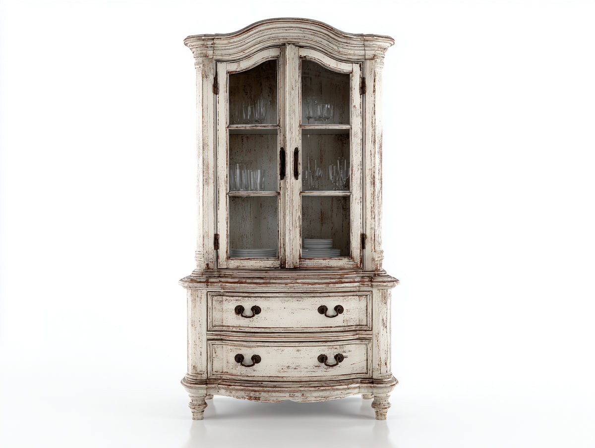 Vetrina - Legno-Vetro-Metallo - 105x44x196 cm - Bianco decapato - Stile shabby chic