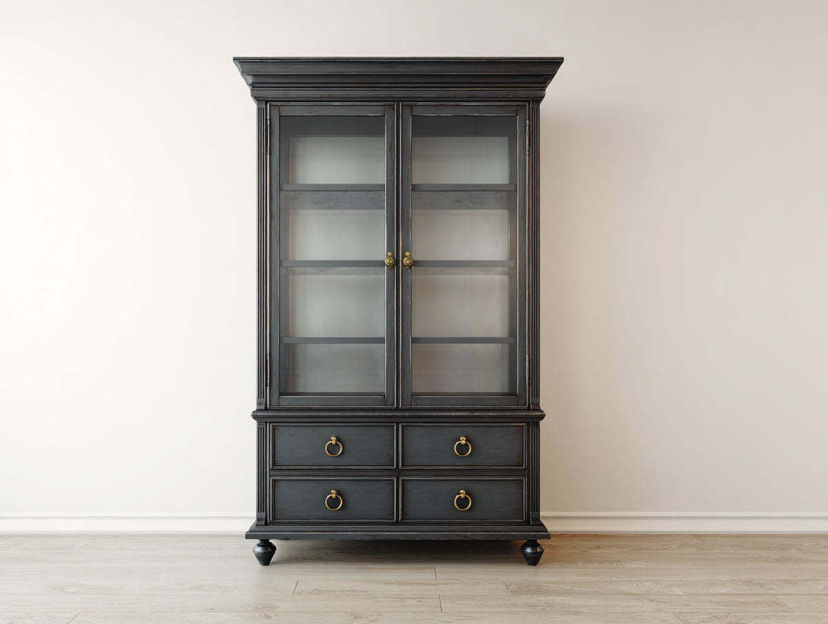 Vetrina - Legno-Vetro-Metallo - 112x45x198 cm - Nero anticato - Stile classico