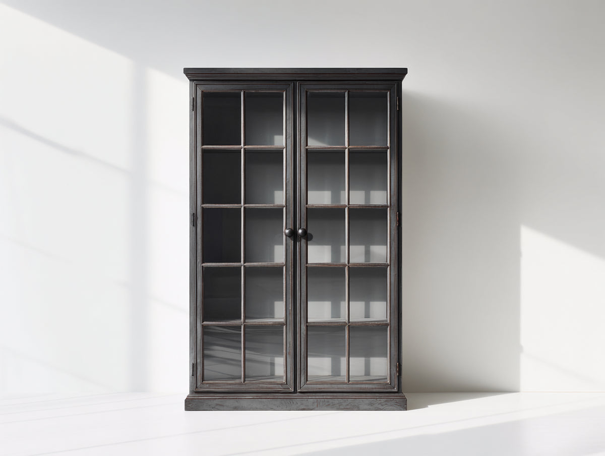 Vetrina - Legno-Vetro-Metallo - 108x43x177 cm - Nero brunito - Stile classico rustico