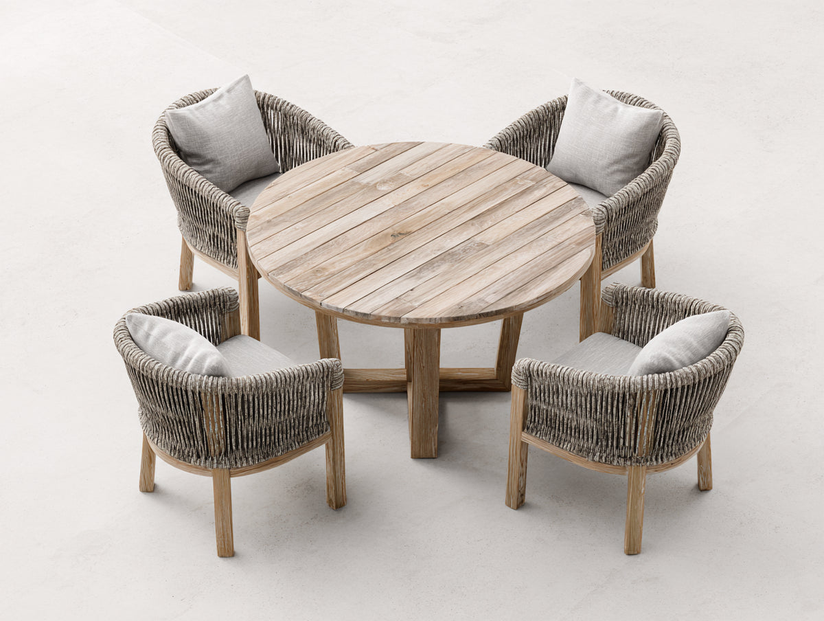 Set da pranzo da esterno - legno-corda-tessuto - 118 x 118 x 75 cm - legno naturale-grigio tortora-grigio chiaro - stile naturale contemporaneo con tavolo rotondo