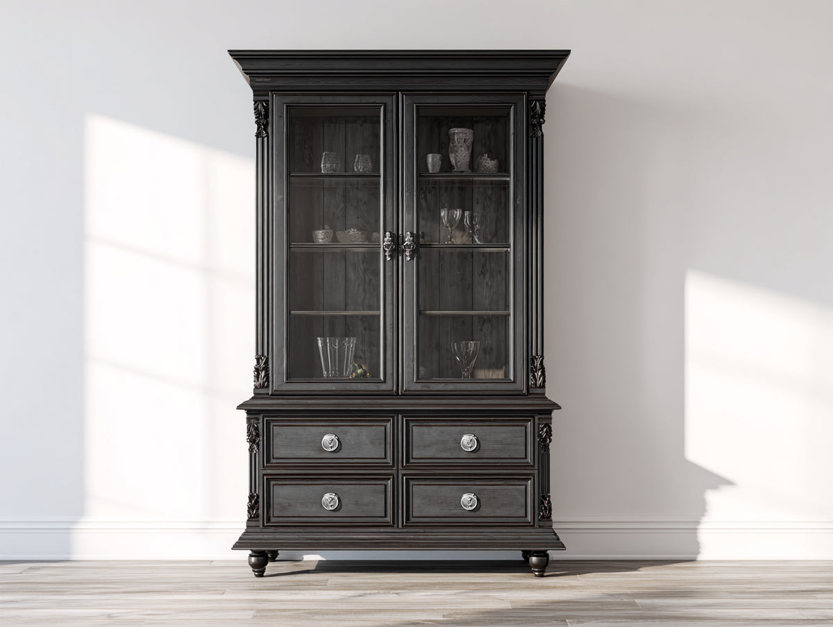 Vetrina - Legno-Vetro-Metallo - 116x47x204 cm - Nero brunito - Stile classico